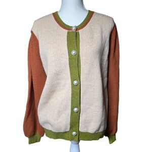 Sweet‎ Lemon Color Block Ribbed Knit Sweater Women's Size Large Pearl Buttons